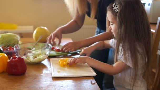 Crianças criativas na cozinha. Mãe e filha colocar uma cara engraçada na cozinha, enquanto cortando salada. As meninas estão rindo — Vídeo de Stock