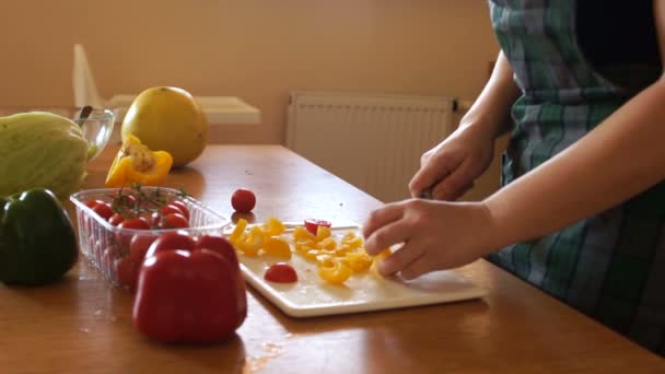 Mutter bereitet in der Küche einen Gemüsesalat zu, die kleine Tochter läuft herbei und schnappt sich eine Tomate. glückliche Familie Kochen Abendessen — Stockvideo
