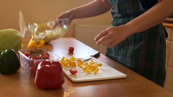 A menina prepara uma salada de legumes na cozinha. Close-up, as mãos femininas cortam pimentão doce e tomates cereja com uma faca — Vídeo de Stock