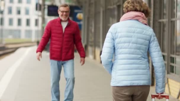 Um homem reformado conhece uma mulher na plataforma do comboio. Casal abraços e beijos — Vídeo de Stock