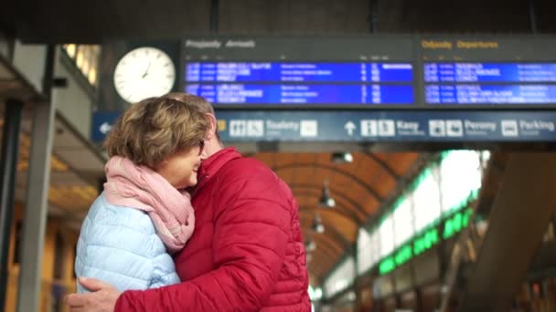 Roztomilý pár objímat v železniční stanici. Muž a žena objímala na platformě nádraží. Dojemné loučení — Stock video