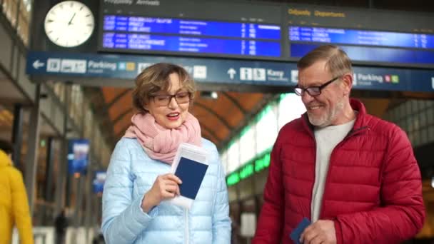 Zralá žena držící pas a letenku a raduje se nadcházející cestu. Manžel a manželka na vlakovém nádraží. Cestovní důchodců — Stock video