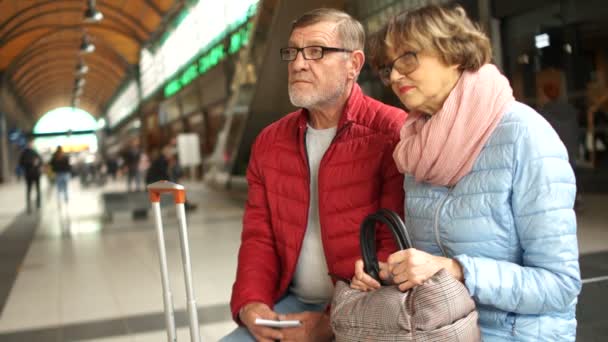 Oudere man en vrouw te wachten voor het vertrek van zijn trein. Hoorde de aankondiging van de aanvoer en ga naar het platform. Treinstation — Stockvideo