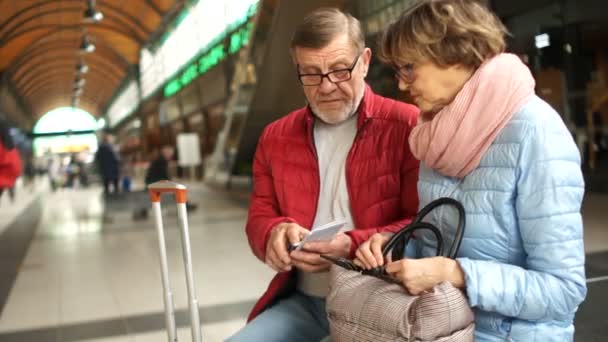 Voyageurs, mari et femme, vérifiez les billets avec un horaire, assis sur un banc dans le bâtiment de la gare. Voyage en famille — Video