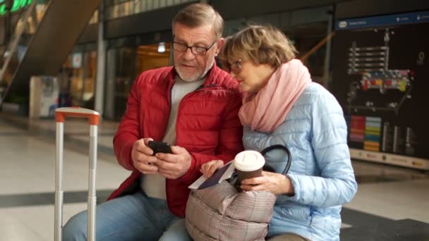 Un par de viajeros jubilados reconcilian sus billetes con el horario del tren usando su teléfono inteligente. Moderna pareja madura — Vídeos de Stock