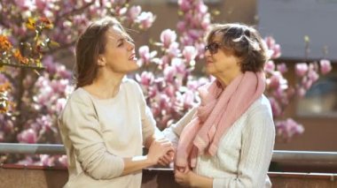 İki kadın çiçek açan bir manolya bahçesinin arka planına karşı konuşuyorlar. Genç kadın neşeyle gülüyor. Dünya Kadınlar Günü, Aile Günü, Anneler Günü