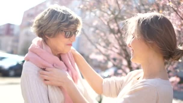 Figlia adulta raddrizza sciarpa rosa alla sua mamma matura. Ritratto primaverile, Festa della Mamma, infanzia e grazie — Video Stock