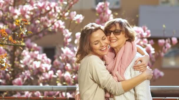 Mature mère et fille câlins. Félicitations pour la fête des mères. Belle journée de printemps, magnolia en fleurs — Video