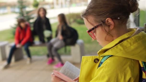 Bullies offend girl honors in the schoolyard. Children throw in a classmate paper, scoff. Teenage bulling — Stock Video