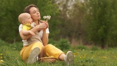 Genç anne ve bebek çimlerin üzerinde otururken karahindiba üflüyorlar. Anneler günü, anne ve bebek. Uzayı sağa kopyala