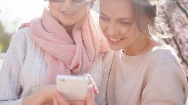 Bahar tatili, bahar güneşi ve çiçekli ağaçların arka planında ellerinde bir telefon ile iki kadın portresi — Stok video