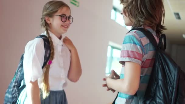 Dos amigos hablando en el pasillo de la escuela en el descanso. La chica está usando una camisa blanca, lleva gafas y lindas coletas — Vídeos de Stock
