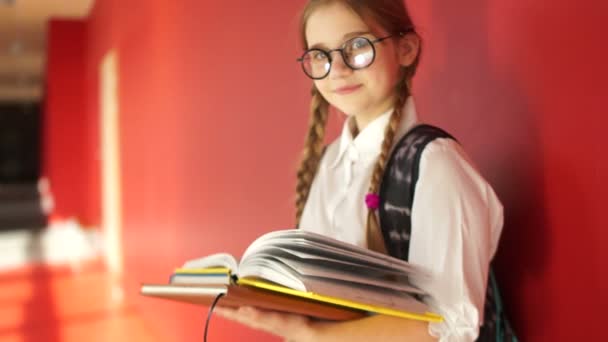 Vacker skol flicka med glasögon och böcker i händerna ser in i ramen och ler, tillbaka till skolan — Stockvideo