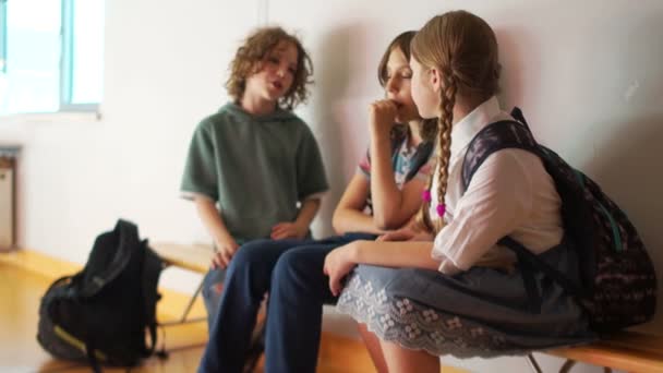 廊下の学校休憩中に同級生がベンチで座って話しています。十代の少女は彼女の友人こんにちは挨拶に来た — ストック動画