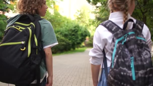 Egy lány és két fiú megy iskolába együtt, az iskolai barátság, iskolás szállítására iskolai táskák vállukon — Stock videók