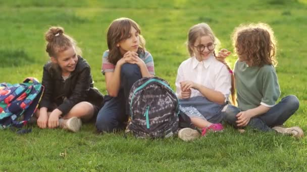 Un grupo de adolescentes con mochilas se sientan en el parque en la hierba y se divierten charlando. De vuelta a la escuela, los estudiantes durante un descanso — Vídeos de Stock