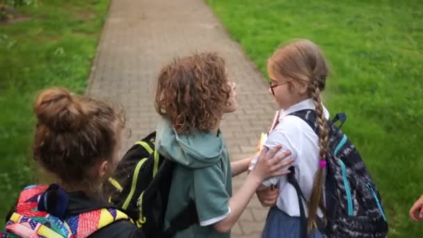 Um grupo de adolescentes está a pressionar e a insultar uma estudante. Problema de violência na adolescência. Bullying entre adolescentes e escolares. Violência física — Vídeo de Stock