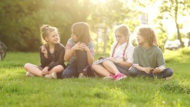 学校の休み中に公園の芝生の上に座りながら、陽気でフレンドリーなクラスメートがおしゃべりをします。学校に戻って、授業後の生徒たち — ストック動画