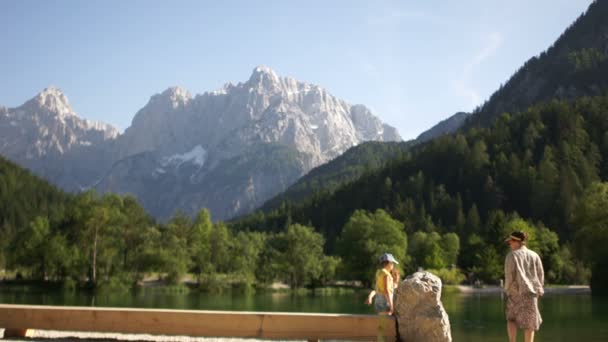ママ、2人の子供と犬は美しい山の風景を背景に山の湖のほとりに休んでいます。幸せな家族旅行 — ストック動画