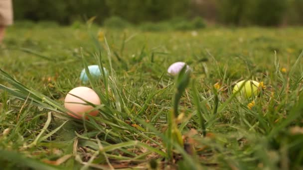 유아는 잔디에서 부활절 달걀을 찾고 있습니다. 클로즈업, 아기 첫 번째 단계, 부활절 개념. 부활절 달걀 사냥 — 비디오