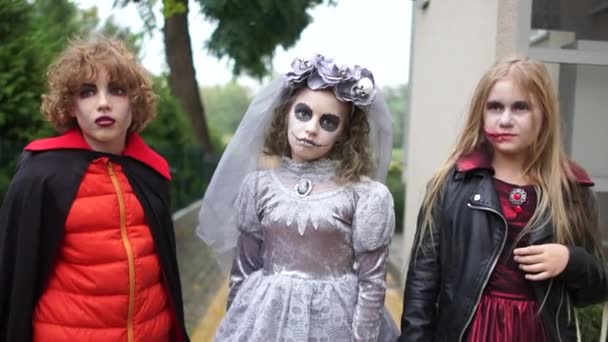 Three teenagers in costumes and make-up celebrate Halloween. Kids collect candy, halloween traditions — Stock Video