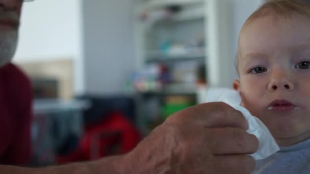 お世話をしている祖父は小さな孫の口をペーパータオルで拭く。赤ちゃんと家族の朝食、幸せな家族 — ストック動画