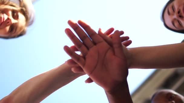 Gekruiste handen van mensen van verschillende kleuren, multi-raciale groep van mensen, steun en solidariteit van de BLM beweging tegen racisme, zwarte levens materie. Interrasieve groep studenten — Stockvideo