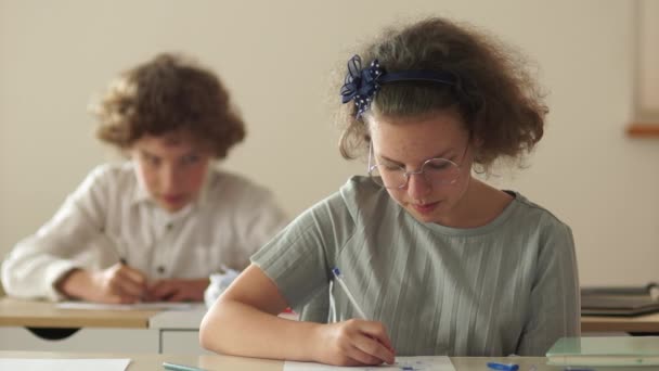 Torniamo a scuola, ragazzi e ragazze alla scrivania. I compagni di classe in classe ridono e si divertono insieme. Ragazzo e ragazza durante la lezione — Video Stock