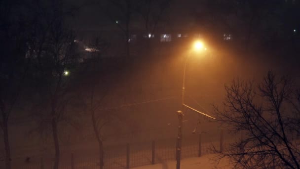 冷ややかな夜の街灯の薄暗い光の中で雪が激しく降る 寒いロシアの冬の交通量の少ないさびれた通りに強風と吹雪 — ストック動画