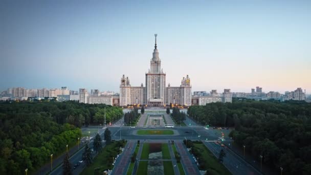 Motion Timelapse Moscow State University Kvällen Flygfoto Kameran Rör Sig — Stockvideo