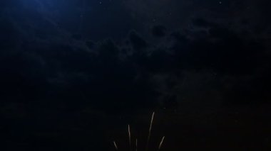 Arka planda renkli yavaş hareket havai fişek, güzel tipografi sihirli tasarım ile siyah gece gökyüzünde parçacıklar ve kıvılcımlar ile Endonezya Happy New Year tebrik metni.