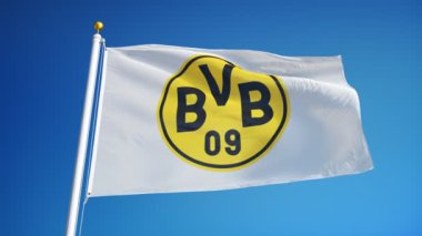 Almanya Dortmund Temmuz 2018: Borussia Dortmund bayrağı mavi gökyüzüne karşı yavaş hareket, editoryal animasyon, sorunsuz döngülü, yakın çekim, alfa kanalda izole sallayarak.