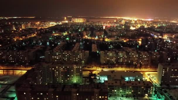 Aerial Flight Shot Russian Night City Lights Cold Evening Winter — Stock Video