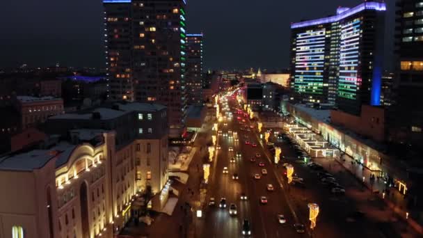 Helle Lichter Der Nacht Moskau Aus Der Vogelperspektive Intensiver Verkehr — Stockvideo