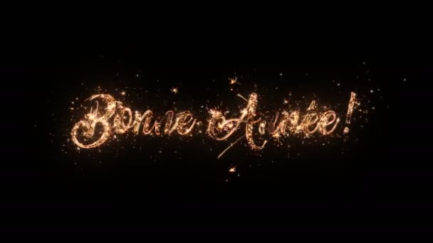 新年快乐问候文本在法语与粒子和火花的黑色背景 美丽的排版魔术设计 — 图库视频影像