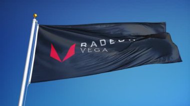 Amd Radeon Vega marka bayrağı mavi gökyüzüne karşı yavaş çekimde sallayarak, editoryal animasyon, sorunsuz döngülü, yakın, siyah ve beyaz mat alfa kanalda izole.