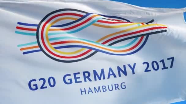 德国汉堡 2017年7月 G20 2017德国二十国集团会议旗帜在蓝天上缓慢地飘扬 编辑动画 无缝循环 隔离在阿尔法频道 — 图库视频影像