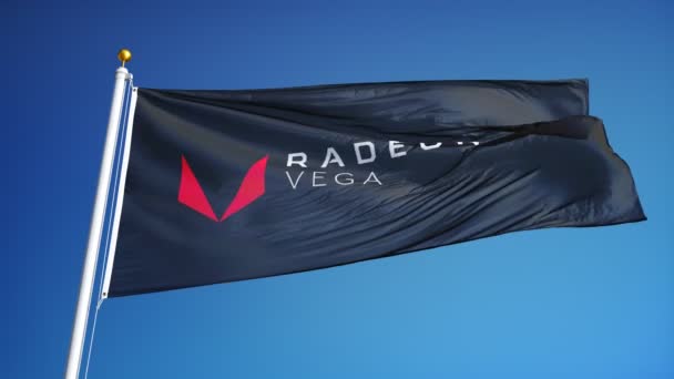 Amd Radeon Vega Marca Bandeira Acenando Câmera Lenta Contra Céu — Vídeo de Stock
