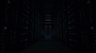 Camera moving along the corridor in data center with server equipment, the lights turning off until total darkness, then red light suddenly lights up in danger. Photorealistic 3D render animation.