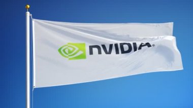 Nvidia şirket bayrağı mavi gökyüzüne karşı yavaş hareket sallayarak, editoryal animasyon, sorunsuz döngülü, yakın çekim, siyah ve beyaz mat ile alfa kanalda izole.
