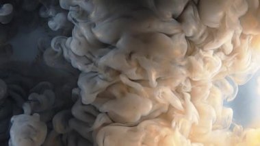 Renkli koyu gri ve parlak sarı boya suda karıştırma düşer. Mürekkep suyun altında dönüyor. İpeksi mürekkep bulutu. Renkli soyut duman patlama animasyon. Görünümü kapat