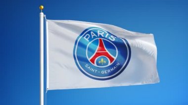 Fransa Paris Temmuz 2018: Paris Saint-Germain F.C. bayrağı mavi gökyüzüne karşı yavaş hareketle sallanıyor, editoryal animasyon, sorunsuz döngülü, yakın çekim, alfa kanalında izole.