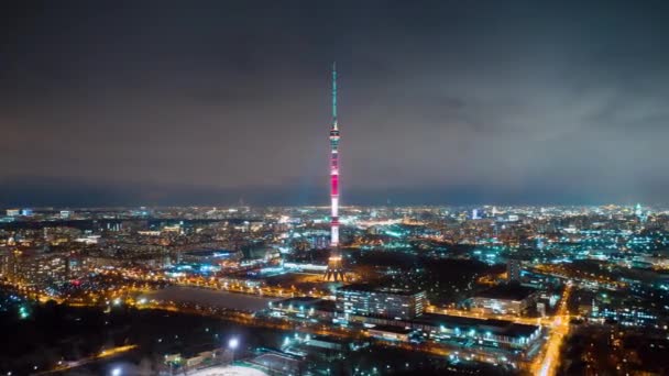 Bewegungszeitraffer Des Ostankino Turms Der Nacht Blick Von Oben Malerisches — Stockvideo