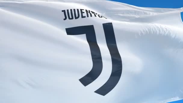 Itálie Turín Červenec 2018 Vlajka Juventus Pomalém Pohybu Proti Modrému — Stock video