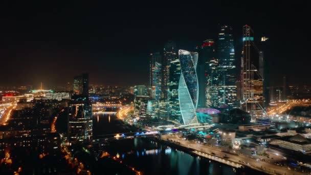 Panorama Aérien Pittoresque Centre Affaires Moscou Nuit Avec Des Lumières — Video