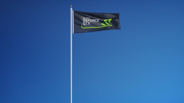 Nvidia Geforce Gtx Logo Vlag Zwaaiend Slow Motion Tegen Blue — Stockvideo