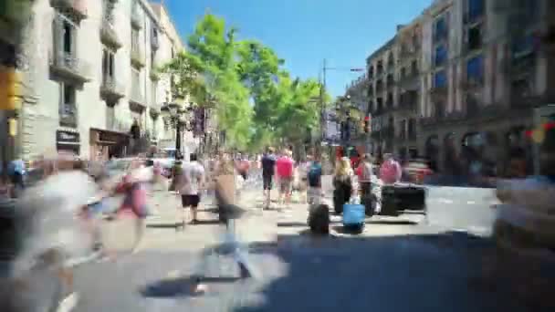 Spanien Barcelona Juli 2017 Rambla Street Hyperlapse Touristen Die Sonnigen — Stockvideo