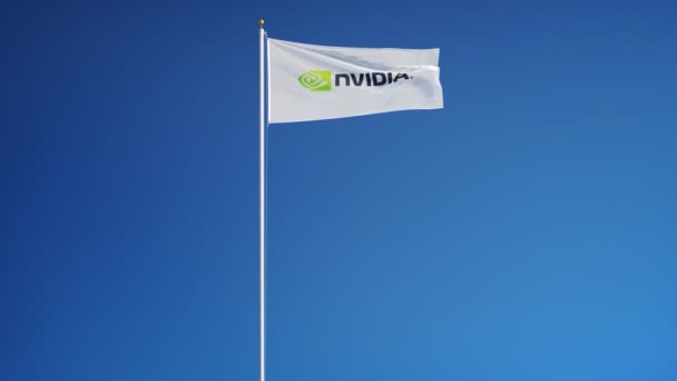 Flaga Firmy Nvidia Macha Zwolnionym Tempie Błękitnym Niebem Animacja Redakcyjna — Wideo stockowe