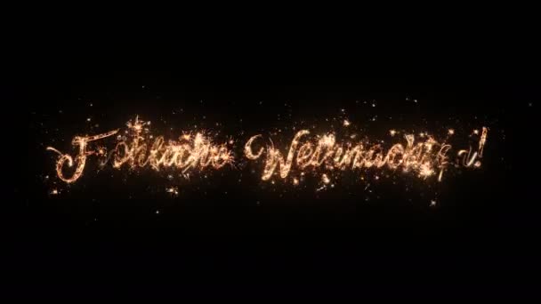 黒い背景に粒子と火花とドイツ語でメリークリスマスグリーティングテキスト 美しいタイポグラフィの魔法のデザイン — ストック動画