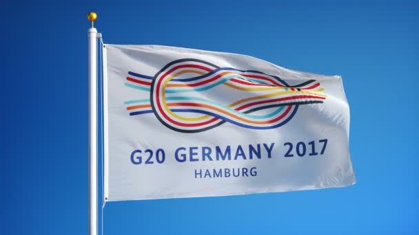 德国汉堡 2017年7月 G20 2017德国二十国集团会议旗帜在蓝天上缓慢地飘扬 编辑动画 无缝循环 隔离在阿尔法频道 — 图库视频影像